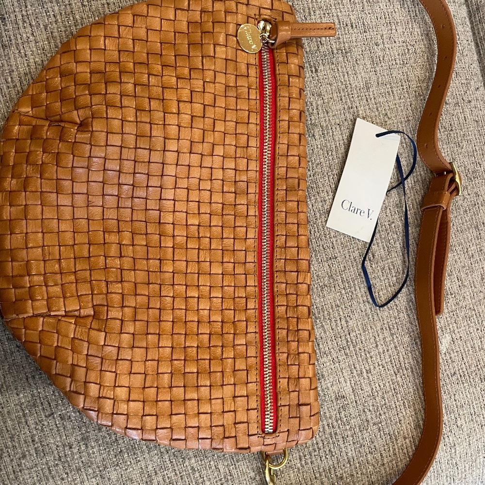 Clare v grande belt bag natural woven checker